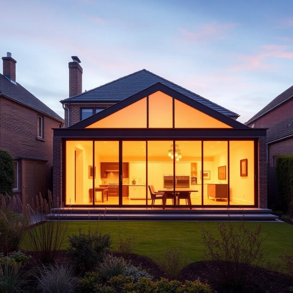 Modern glazed rear extension on a period brick home at dusk