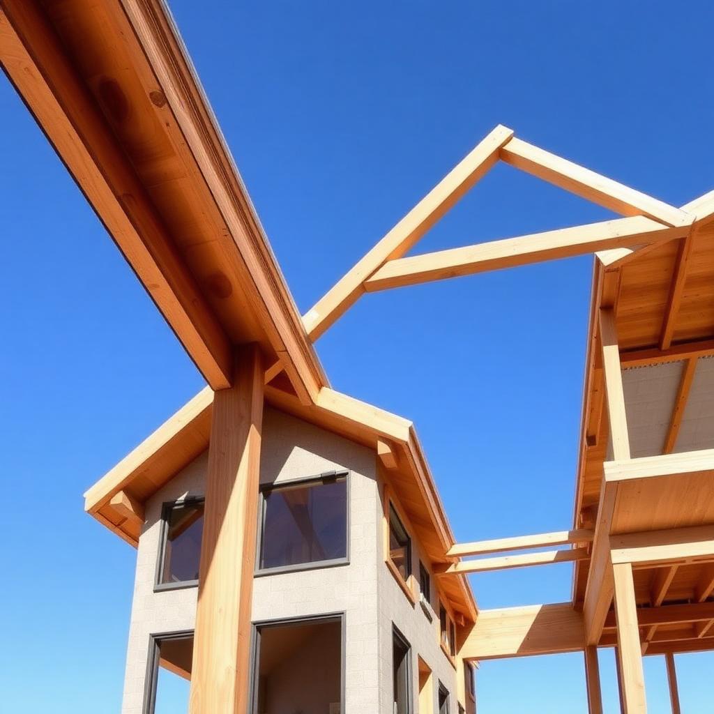 New home under construction with exposed structural timber framing